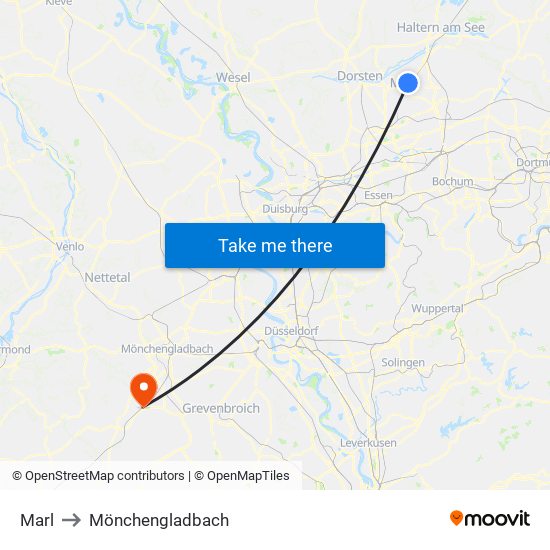 Marl to Mönchengladbach map