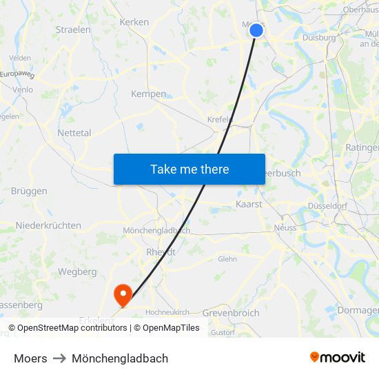 Moers to Mönchengladbach map