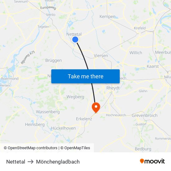 Nettetal to Mönchengladbach map