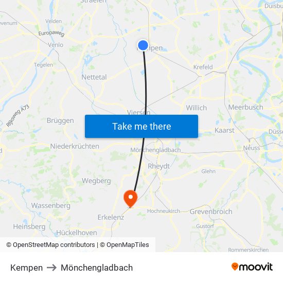 Kempen to Mönchengladbach map