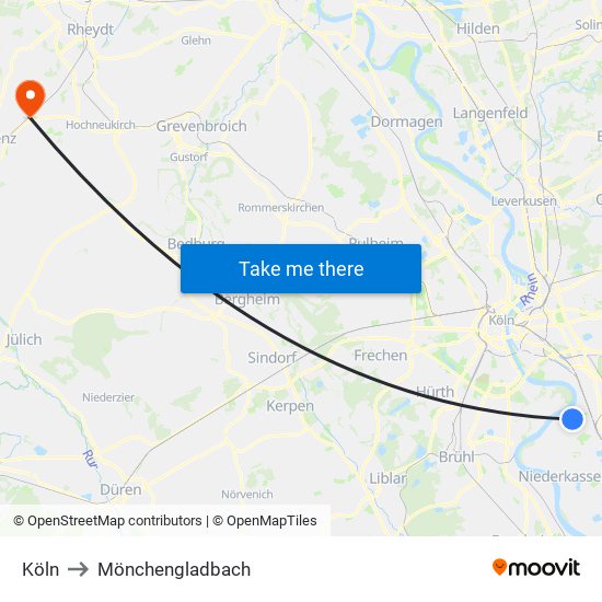 Köln to Mönchengladbach map