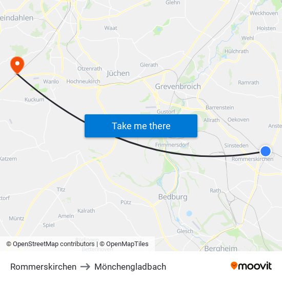 Rommerskirchen to Mönchengladbach map