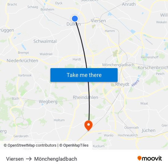 Viersen to Mönchengladbach map