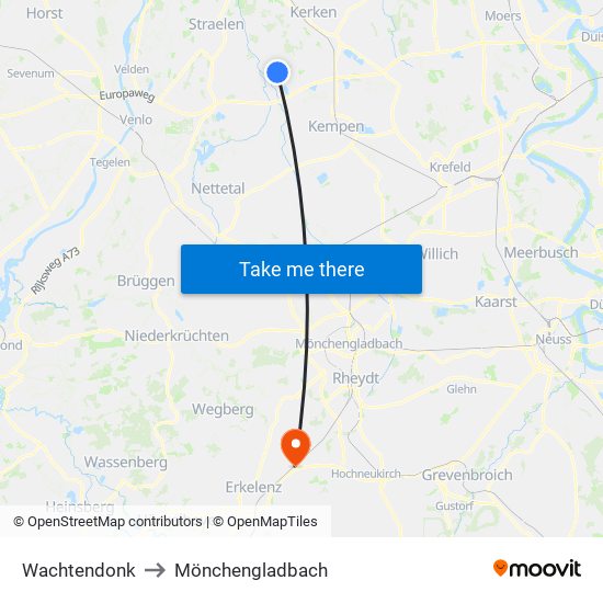 Wachtendonk to Mönchengladbach map