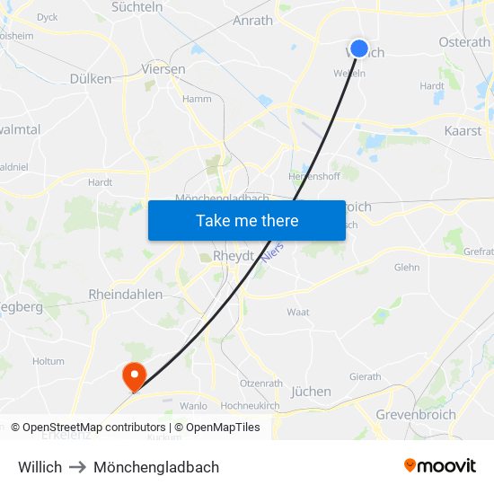 Willich to Mönchengladbach map