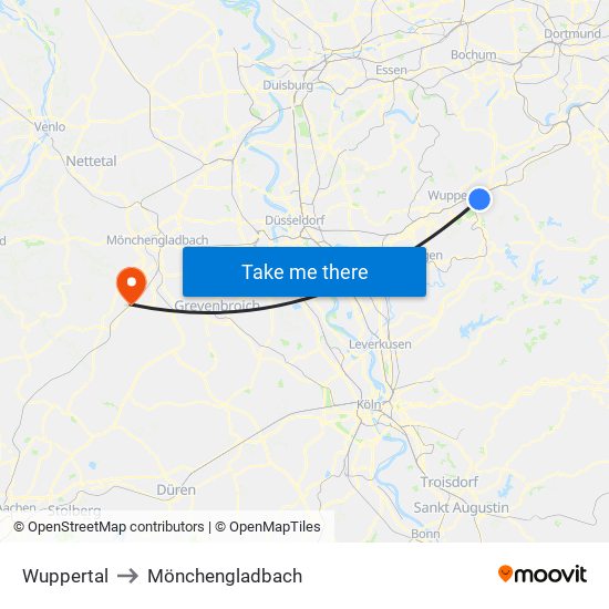 Wuppertal to Mönchengladbach map