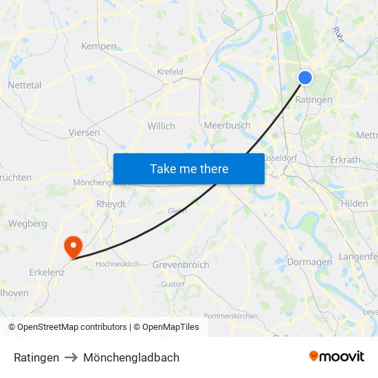 Ratingen to Mönchengladbach map