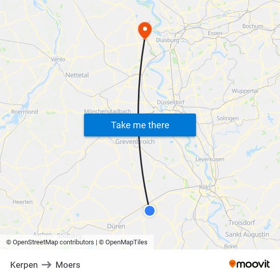 Kerpen to Moers map