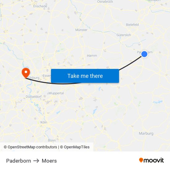 Paderborn to Moers map