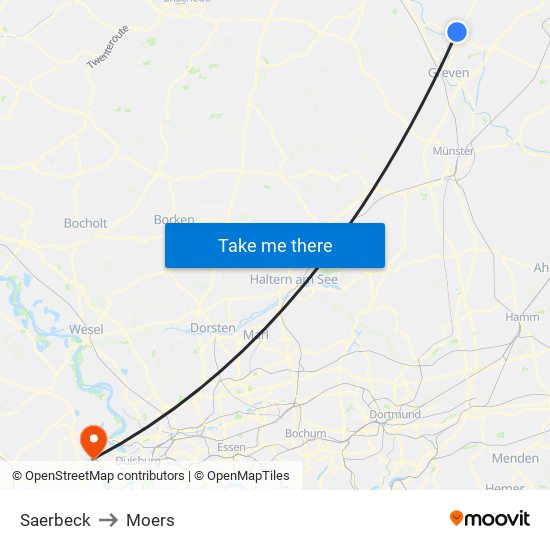 Saerbeck to Moers map