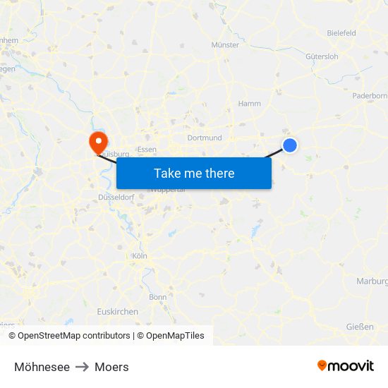Möhnesee to Moers map