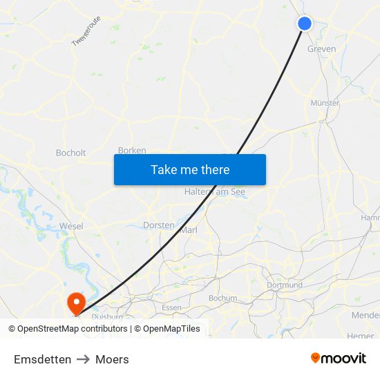 Emsdetten to Moers map