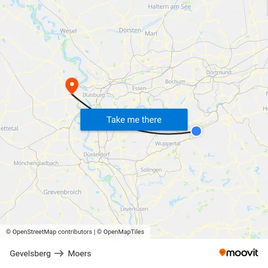 Gevelsberg to Moers map