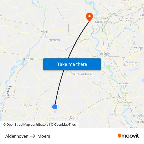 Aldenhoven to Moers map