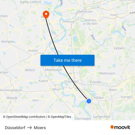 Düsseldorf to Moers map