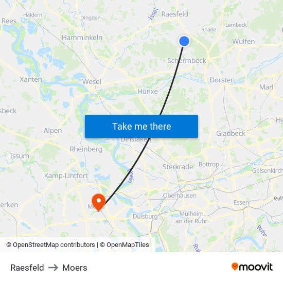 Raesfeld to Moers map