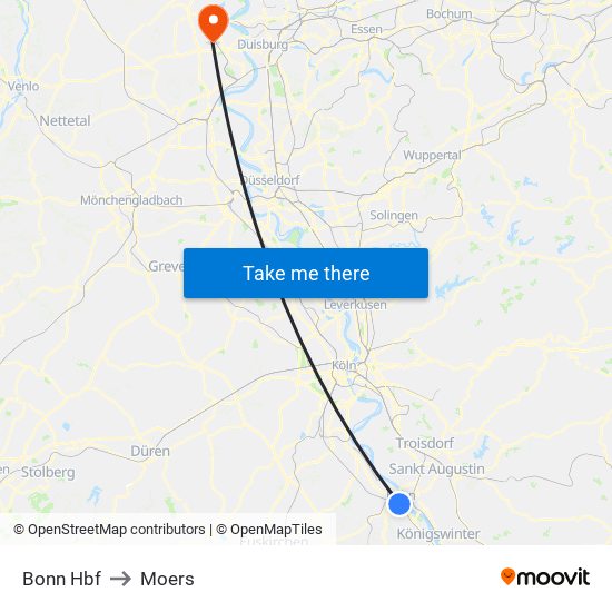 Bonn Hbf to Moers map