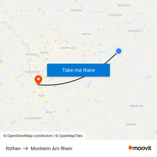 Rüthen to Monheim Am Rhein map