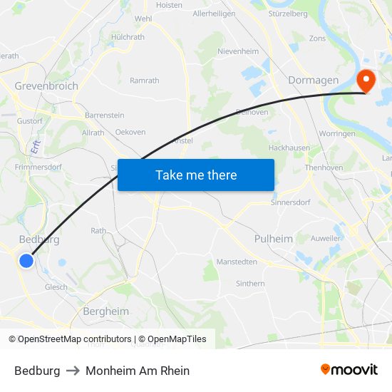 Bedburg to Monheim Am Rhein map