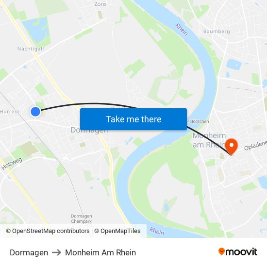 Dormagen to Monheim Am Rhein map