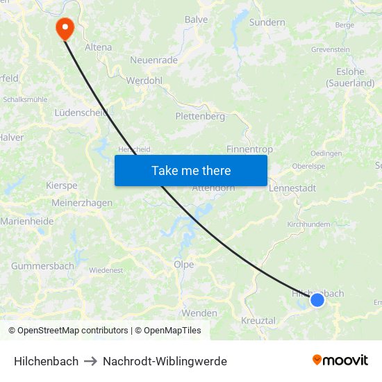 Hilchenbach to Nachrodt-Wiblingwerde map