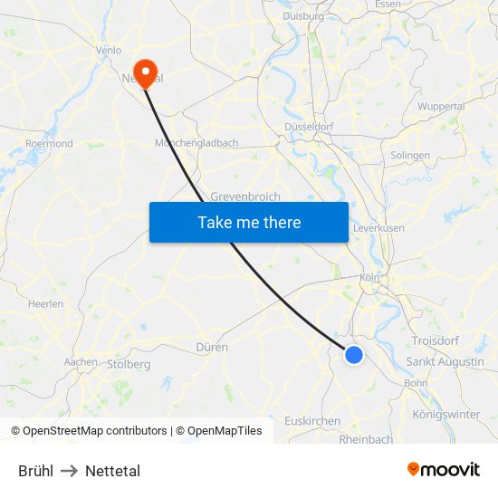 Brühl to Nettetal map