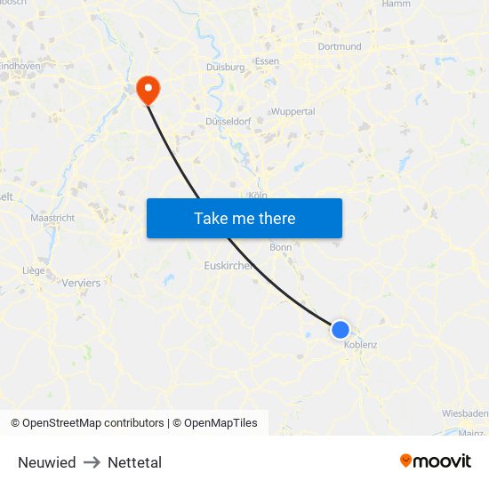 Neuwied to Nettetal map