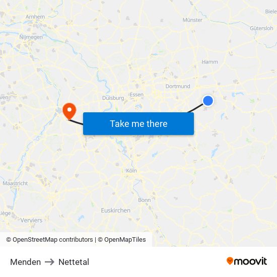 Menden to Nettetal map
