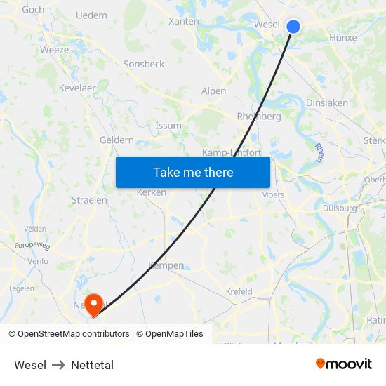 Wesel to Nettetal map