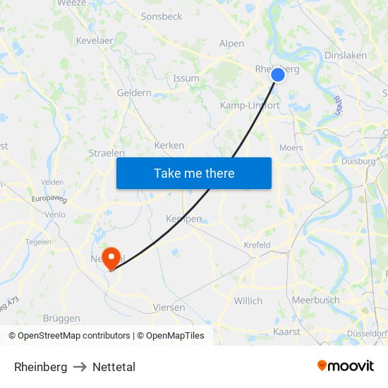 Rheinberg to Nettetal map