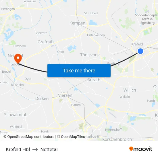 Krefeld Hbf to Nettetal map