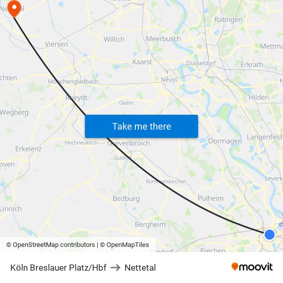 Köln Breslauer Platz/Hbf to Nettetal map