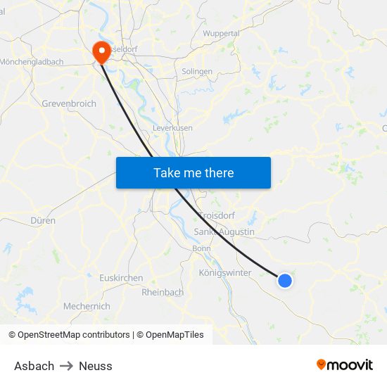 Asbach to Neuss map