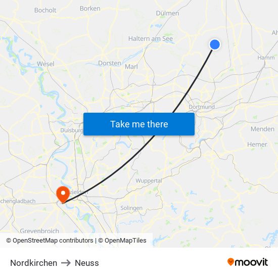 Nordkirchen to Neuss map