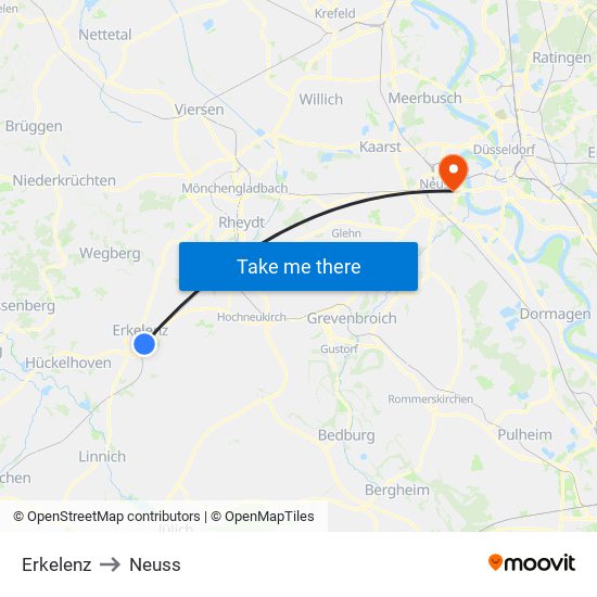 Erkelenz to Neuss map