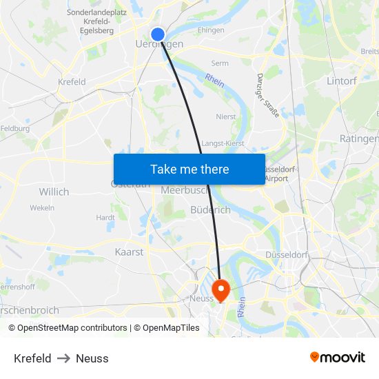 Krefeld to Neuss map