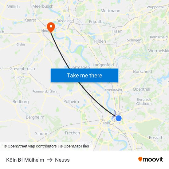 Köln Bf Mülheim to Neuss map