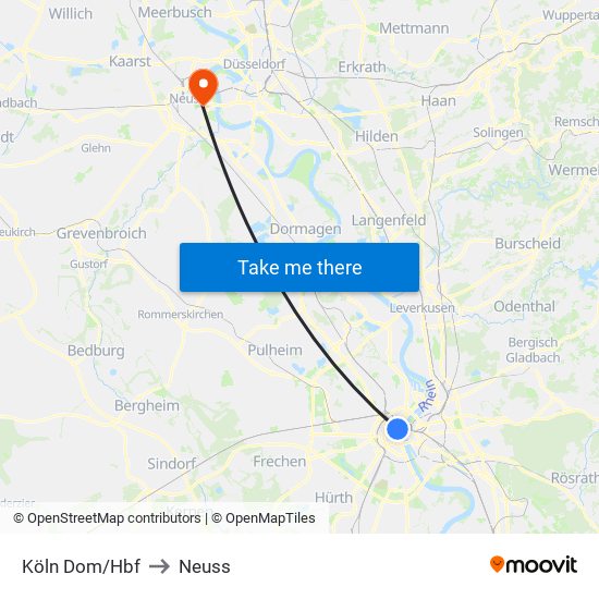 Köln Dom/Hbf to Neuss map