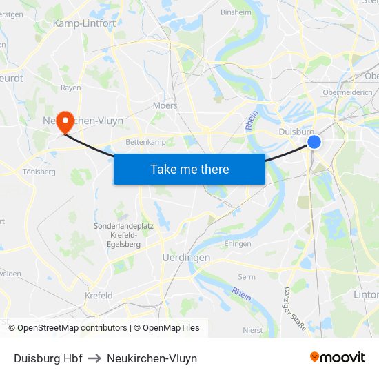 Duisburg Hbf to Neukirchen-Vluyn map