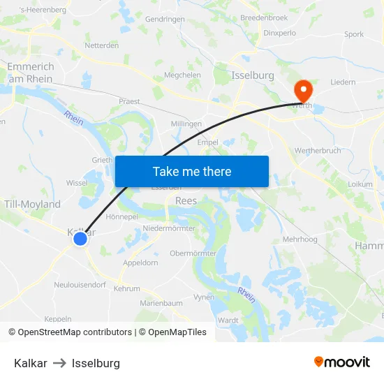 Kalkar to Isselburg map