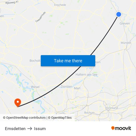 Emsdetten to Issum map