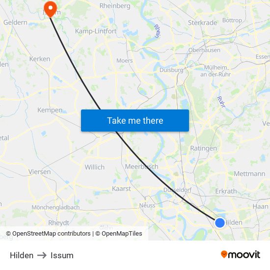 Hilden to Issum map