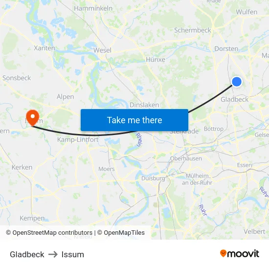 Gladbeck to Issum map