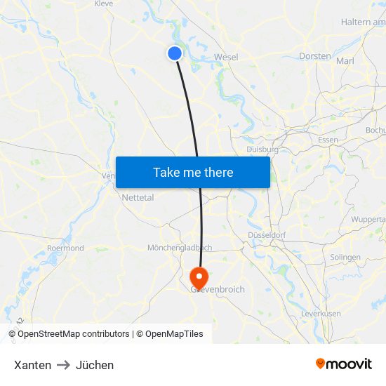 Xanten to Jüchen map