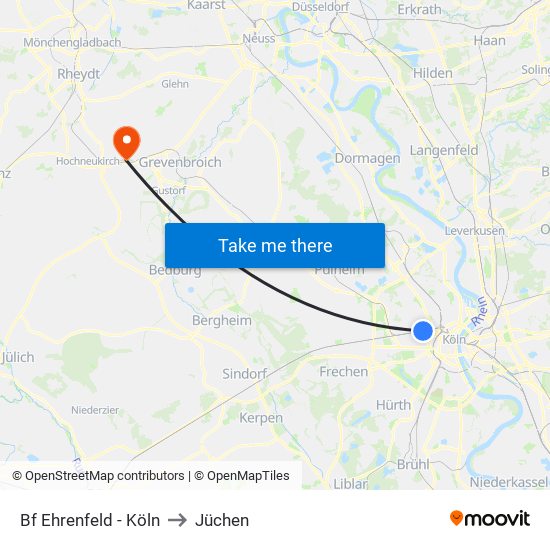 Bf Ehrenfeld - Köln to Jüchen map
