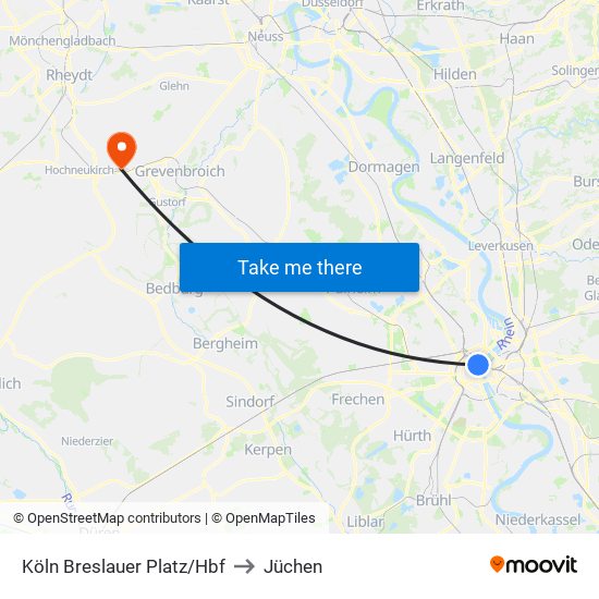Köln Breslauer Platz/Hbf to Jüchen map