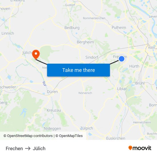 Frechen to Jülich map