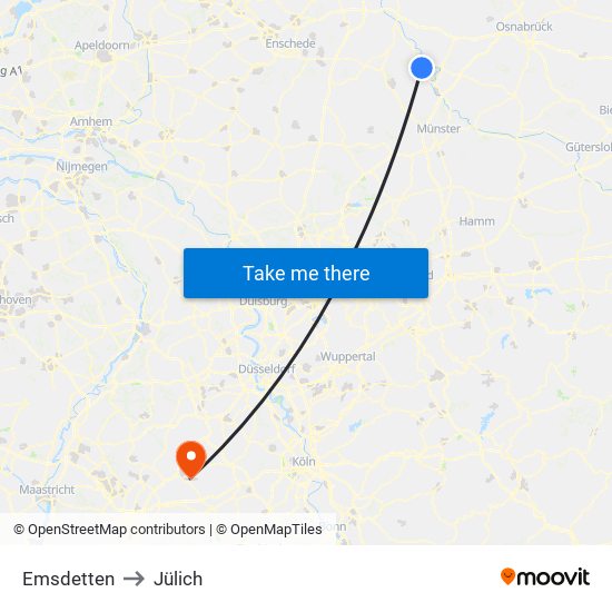 Emsdetten to Jülich map