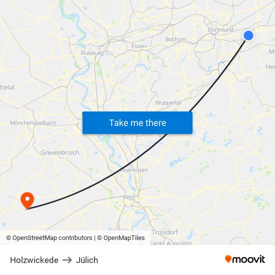 Holzwickede to Jülich map