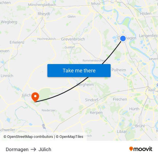 Dormagen to Jülich map